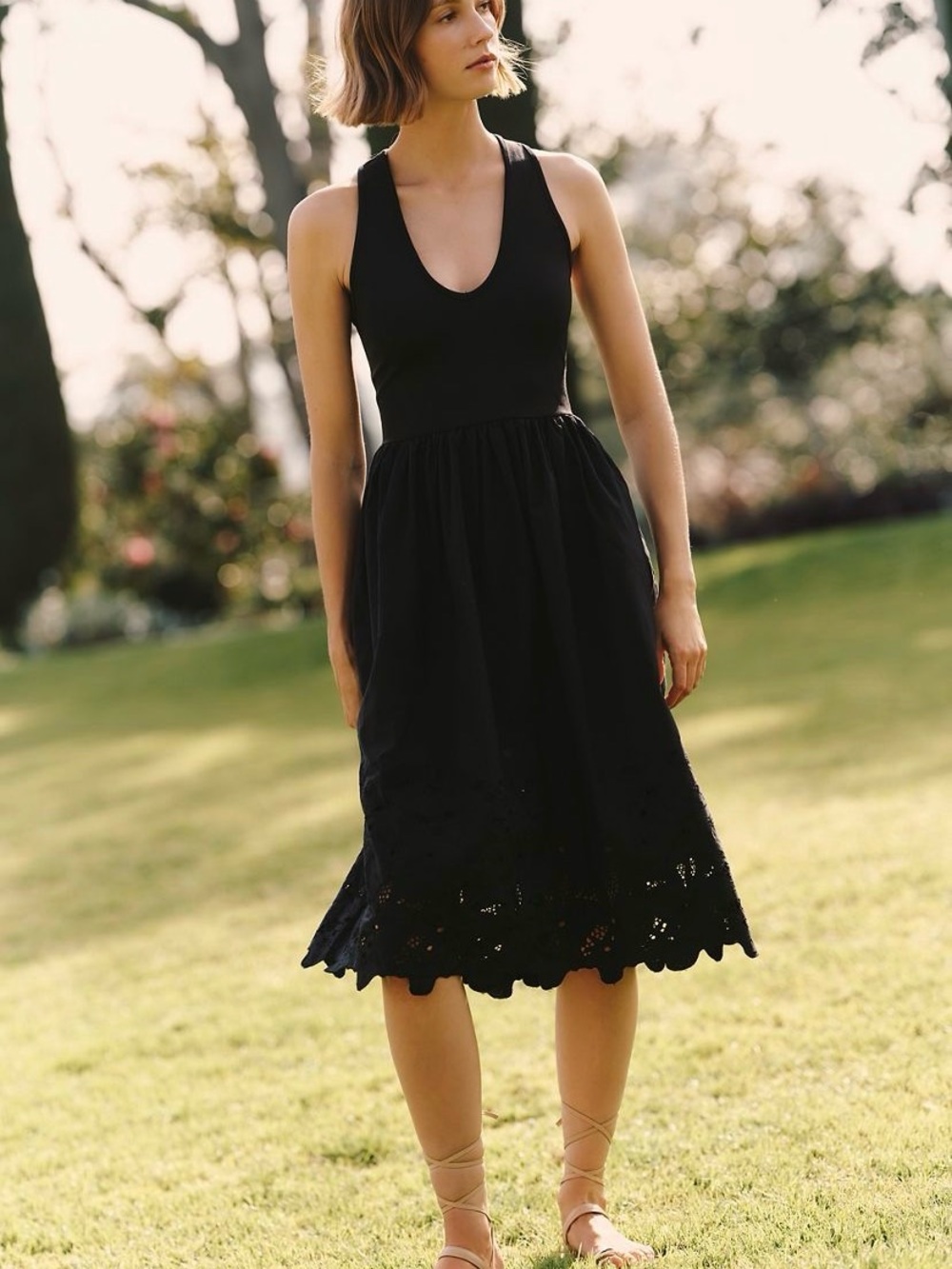 Maeve Black Scoop Neck Sleeveless Midi Dress with Eyelet Hem